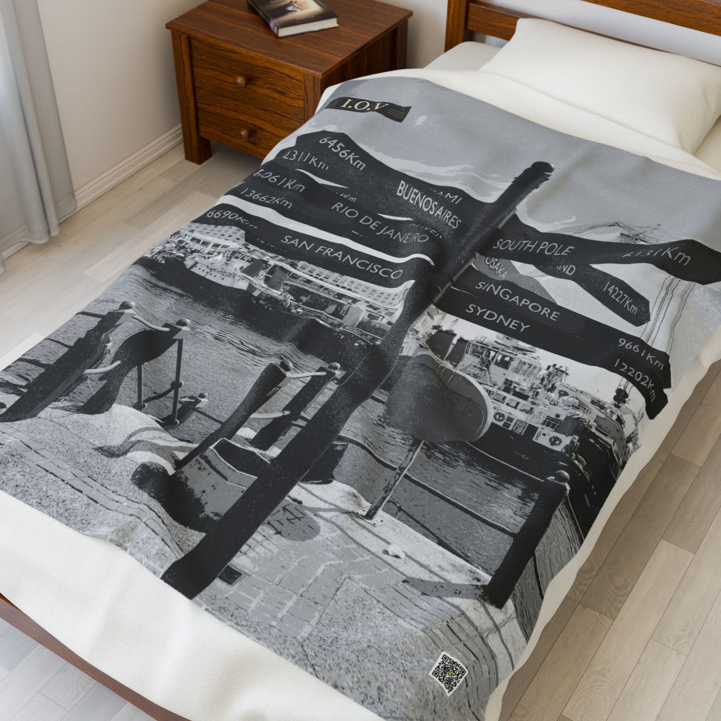 I.O.V-Velveteen Plush Blanket — Vintage Travel Signpost Photo Throw