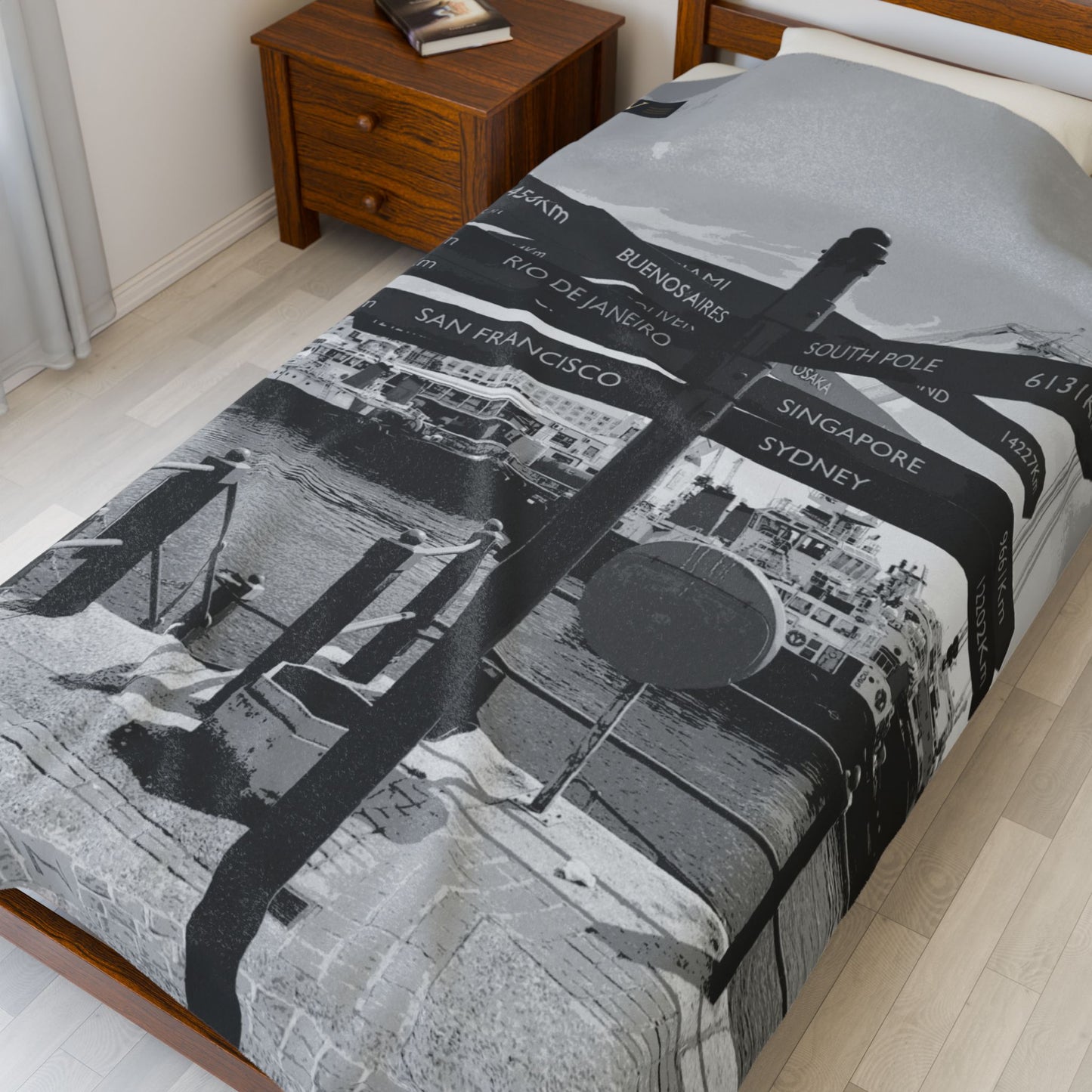 I.O.V-Velveteen Plush Blanket — Vintage Travel Signpost Photo Throw